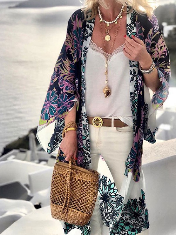 Cover Ups Floral Print Long Sleeves Polyester Beach Bathing Suits ...