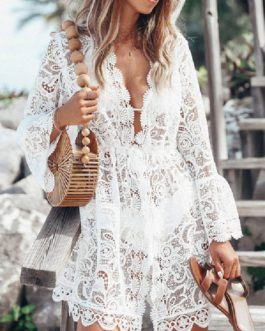 V Neck Long Sleeves Semi Sheer Lace  Beach Bathing Suits