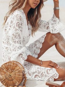 V Neck Long Sleeves Semi Sheer Lace Beach Bathing Suits - Power Day Sale