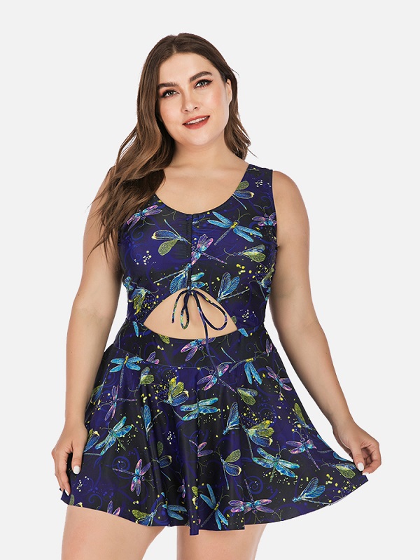 Dragonfly Pattern Front Elastic String Swimdress - Power Day Sale