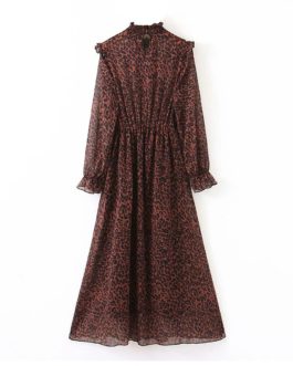 Fashion Leopard Print Long Sleeve Vintage Dress