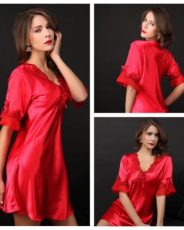 Faux Silk Lace Sexy Short Sleeve V-neck Nightgown