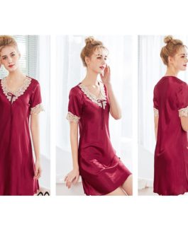 Faux Silk Lace V-neck Short Sleeve Nightgown