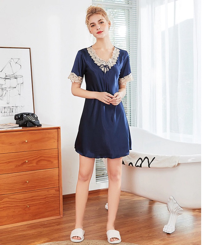 Faux Silk Lace V-neck Short Sleeve Nightgown - Power Day Sale