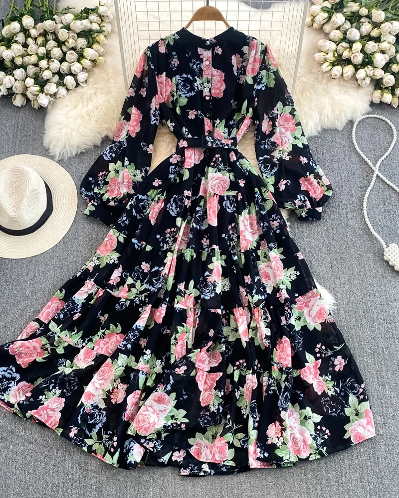 Floral Chiffon Long Dress Vintage Stand Collar Single Breasted Robe Elegant Maxi Dress