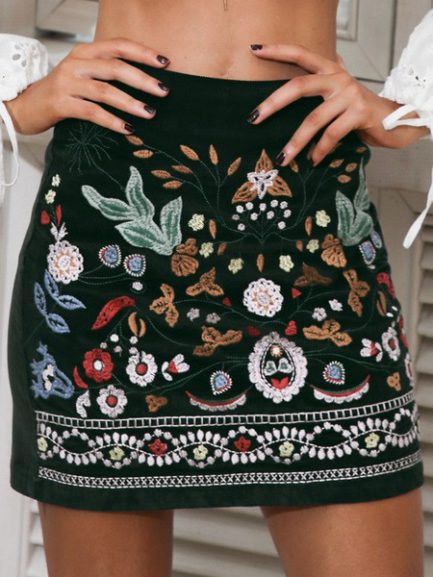 Floral Print Corduroy Embroidered Skirt Bottoms - Power Day Sale