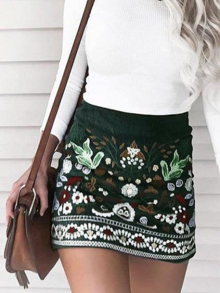 Floral Print Corduroy Embroidered Skirt Bottoms - Power Day Sale