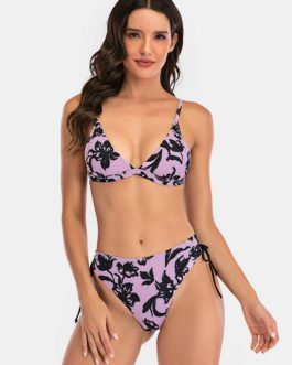 Floral Print Drawstring Adjustable Straps Bikini