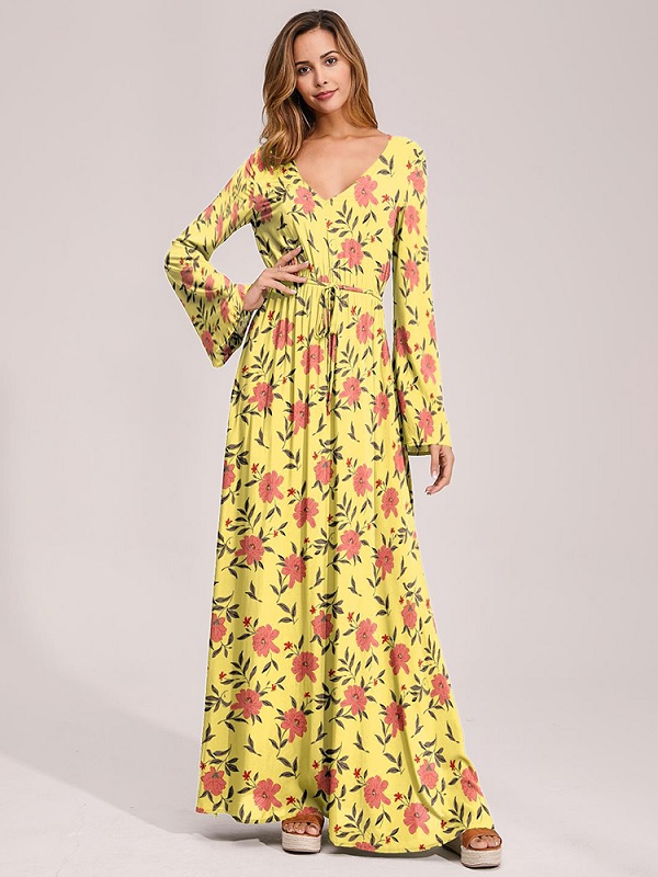 Floral V Neck Waist Tie Long Sleeves Maxi Print Dress - Power Day Sale