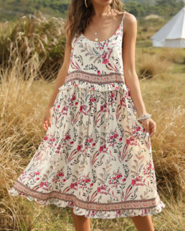 Jewel Neck Sleeveless Floral Print Backless Beach Dress