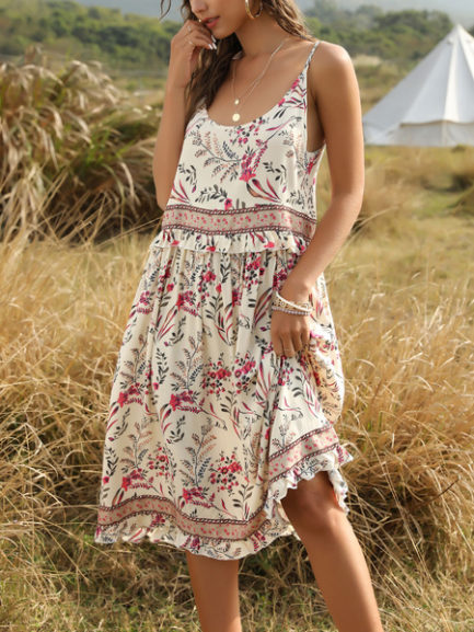 Jewel Neck Sleeveless Floral Print Backless Beach Dress - Power Day Sale