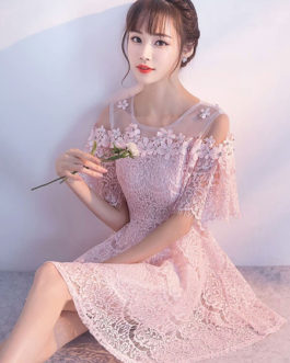Lace Homecoming Mini Prom Short Sleeve Flowers Beading Party Dresses