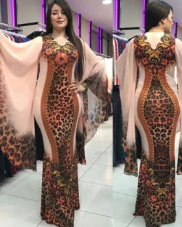 Long Bodycon Dresses Bell Sleeves Leopard Print V Neck Stretch Party Dress
