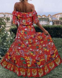 Maxi Dresses Floral Print Bateau Neck Ruffles Bohemian Dress Cotton Blend Floor Length Dress