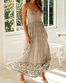 Maxi Dresses Sleeveless Floral Print Straps Neck Bohemian Dress Drawstring Long Dress