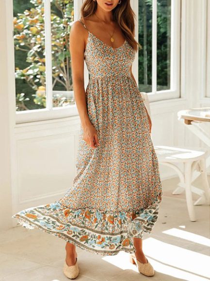 Maxi Dresses Sleeveless Floral Print Straps Neck Bohemian Dress ...
