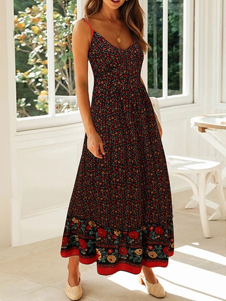 Maxi Dresses Sleeveless Floral Print Straps Neck Bohemian Dress ...