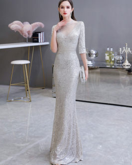 Mermaid Beaded Illusion Neck Sequined Half Sleeve Floor Length Sequins Formal Party Evening Dresses