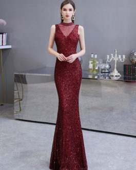 Mermaid High Collar Sequined Sleeveless Floor Length Sequins Formal Party Evening Dresses