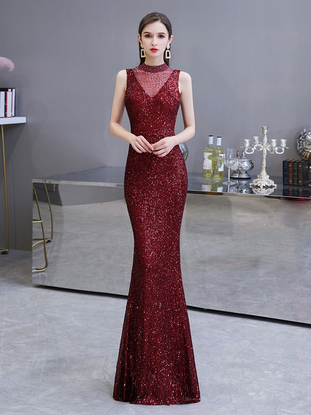 Mermaid High Collar Sequined Sleeveless Floor Length Sequins Formal Party Evening Dresses
