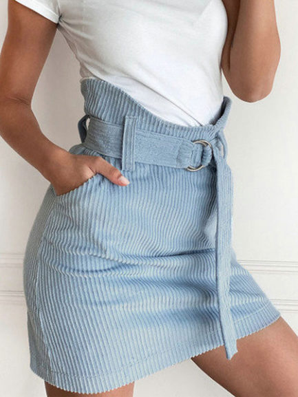 Paper Bag Belted A Line Bodycon Skirt - Power Day Sale