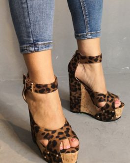 Peep Toe Leopard Print Platforms Wedge Heel Women’s Shoes