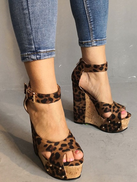 Peep Toe Leopard Print Platforms Wedge Heel Women's Shoes - Power Day Sale