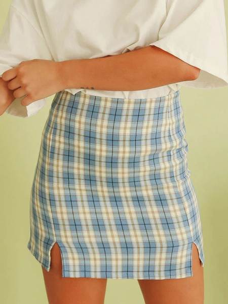 Plaid Double Slit Bodycon Skirt