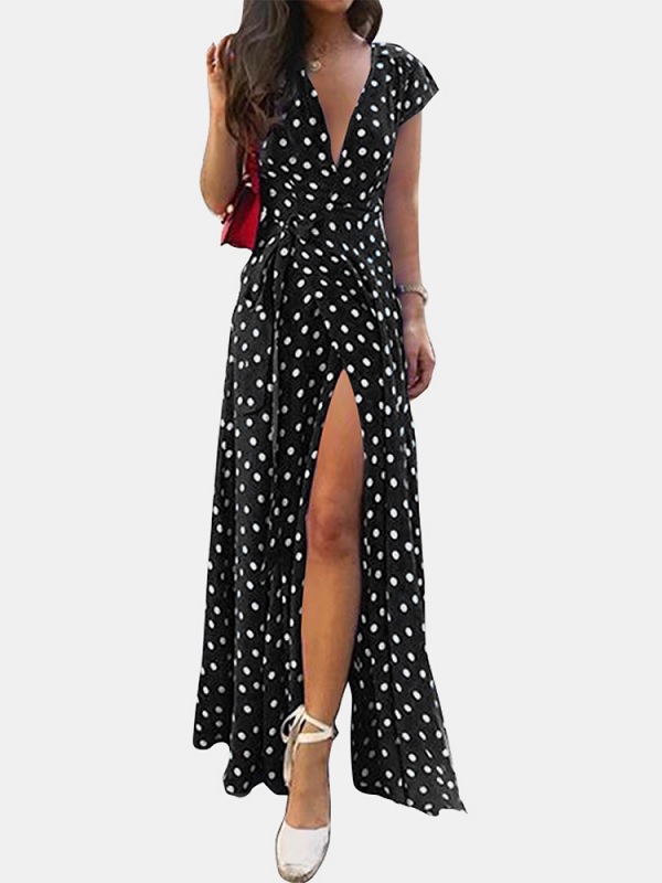 Polka Dots V-neck Short Sleeve Print Split Party Wrap Maxi Dress ...