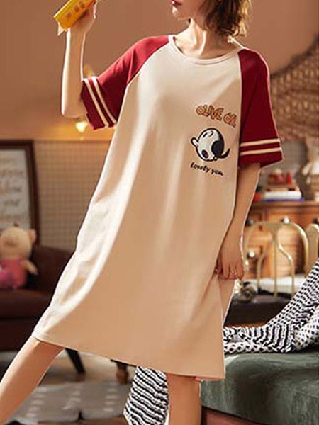 Printed Jewel Neck Cotton T Shirt Sleepwear Dress - Power Day Sale