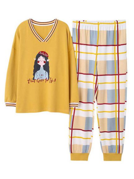 Printed V Neck Sleepwear Pajamas 2 Piece - Power Day Sale