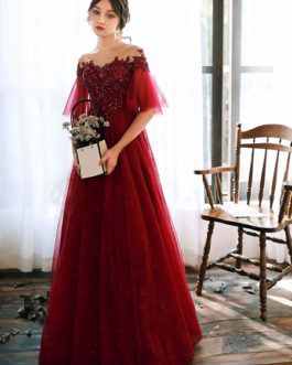 Prom Illusion Neckline A Line Half Sleeves Lace Floor Length Party Dresses