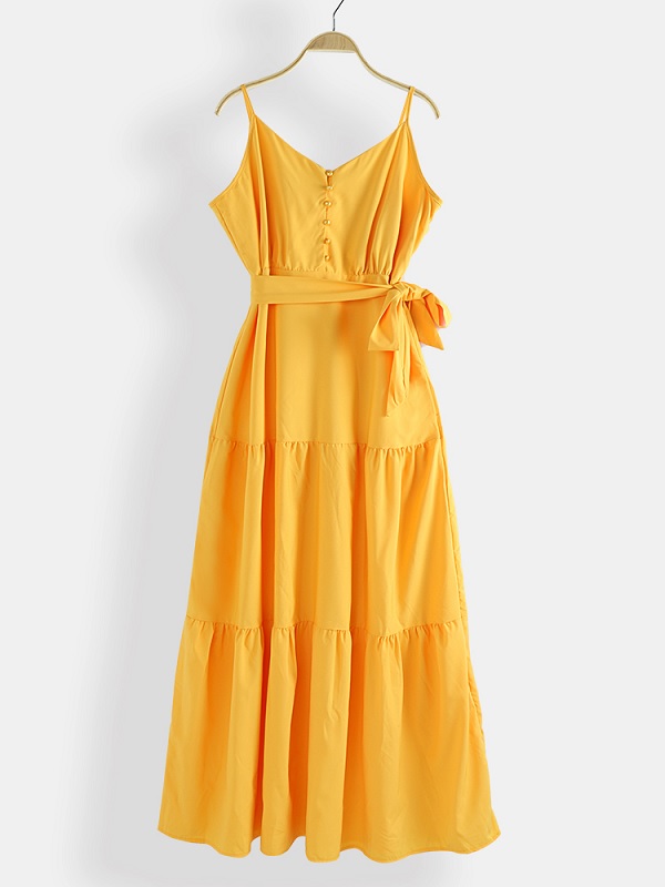 Pure Color Straps Sleeveless Belt Button Maxi Dress - Power Day Sale