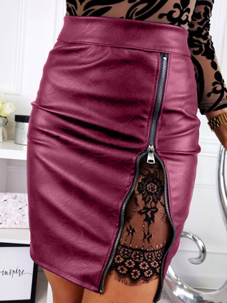Sexy Bodyocn Zipper Lace Leather Like Mini Skirt