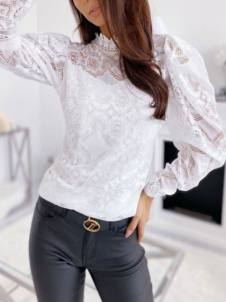 Shirt Cut Out Jewel Neck Sexy Long Sleeves Lace Tops - Power Day Sale