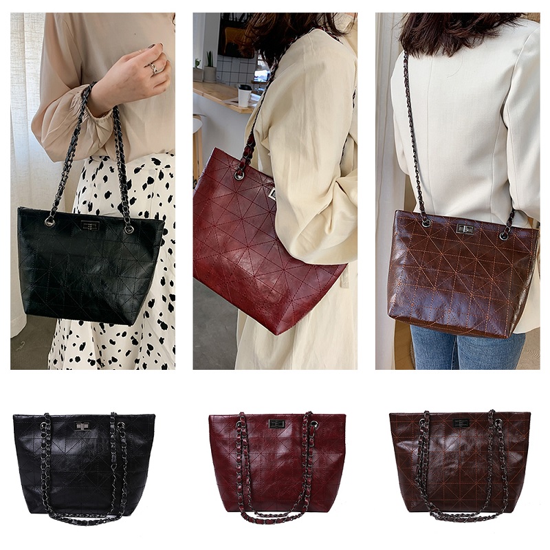 Solid Color Retro PU Leather Tote Bags Chain Simple Handbags3