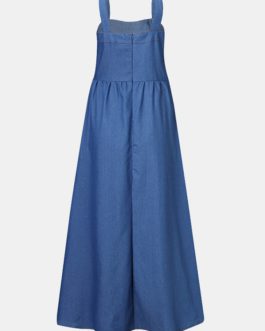 Solid Color Straps Button Sleeveless Denim Long Maxi Dress