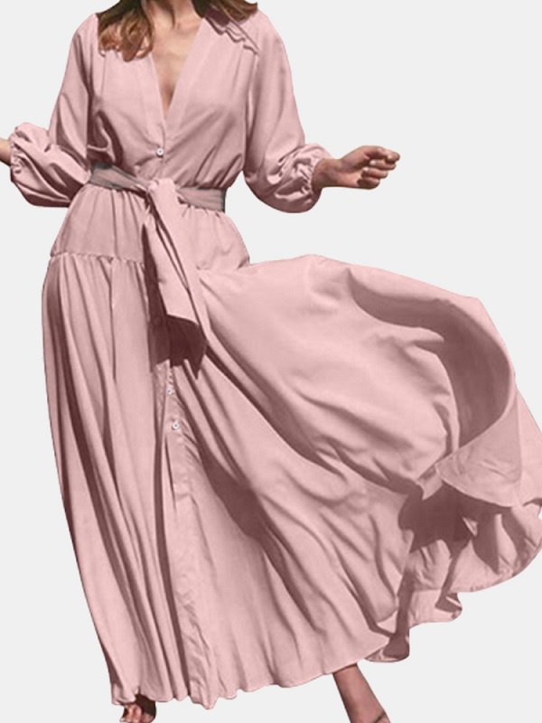 V-Neck High Waist Long Sleeve Pleated Casual Elegant Maxi Dress - Power ...