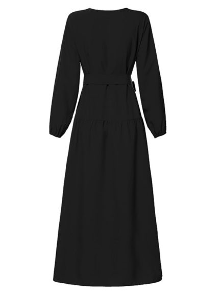 V-Neck High Waist Long Sleeve Pleated Casual Elegant Maxi Dress - Power ...