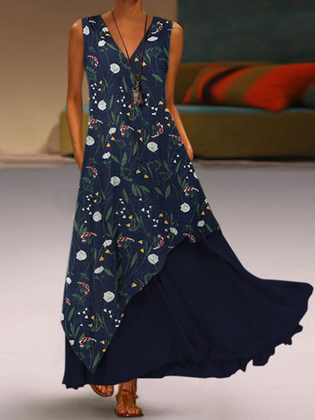 V-Neck Polyester Sleeveless Long Beach Maxi Dress