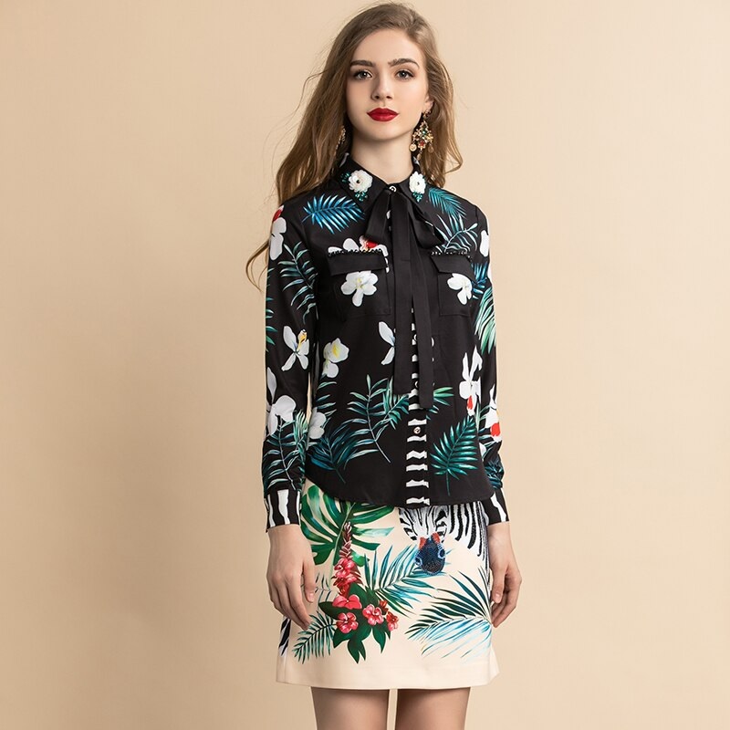 Animal Floral Print Blouse and Mini Skirt Two Pieces Set Suit - Power ...