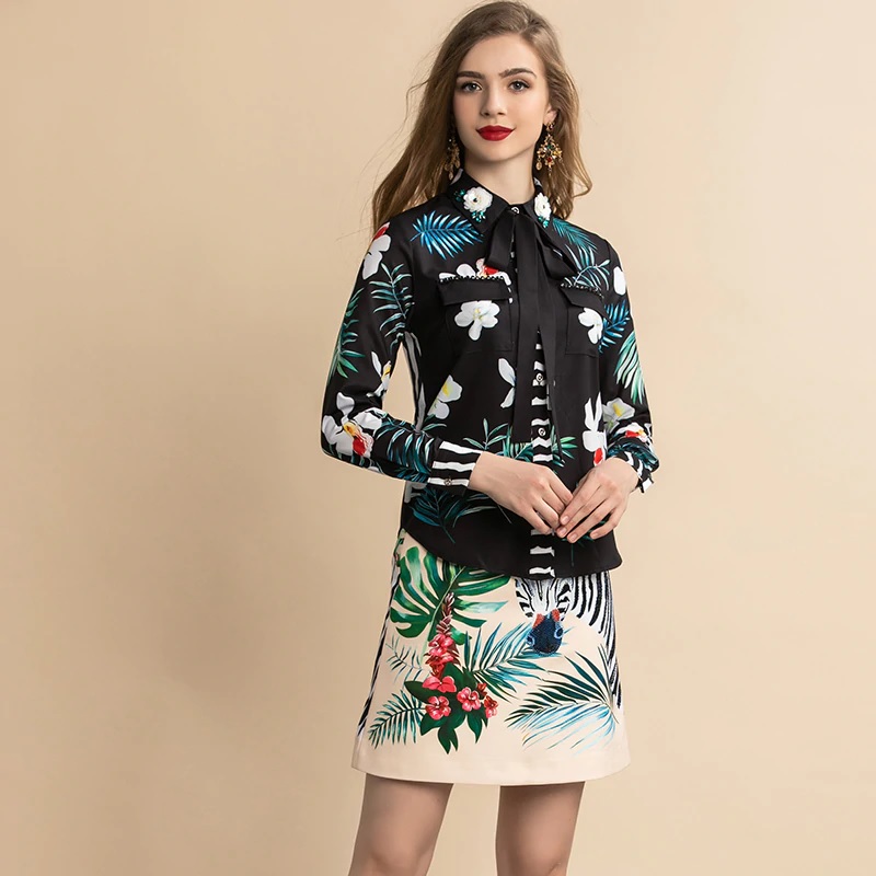 Animal Floral Print Blouse and Mini Skirt Two Pieces Set Suit - Power ...
