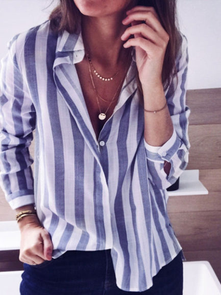 Blouse Stripes Turndown Collar Casual Tops - Power Day Sale