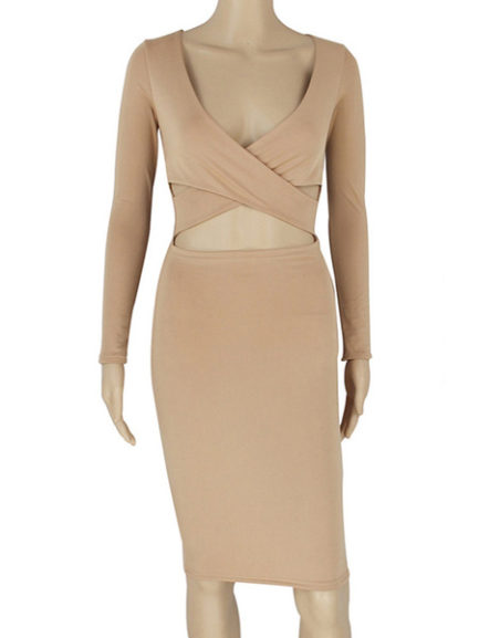 Bodycon Long Sleeves Sexy V Neck Cut Out Sheath Dress - Power Day Sale