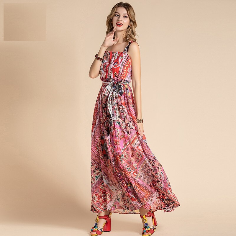 Bohemian Spaghetti Strap Floral Print A Line Chiffon Dress