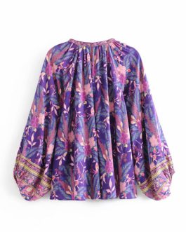 Bohemian floral printed o-neck blouse shirts