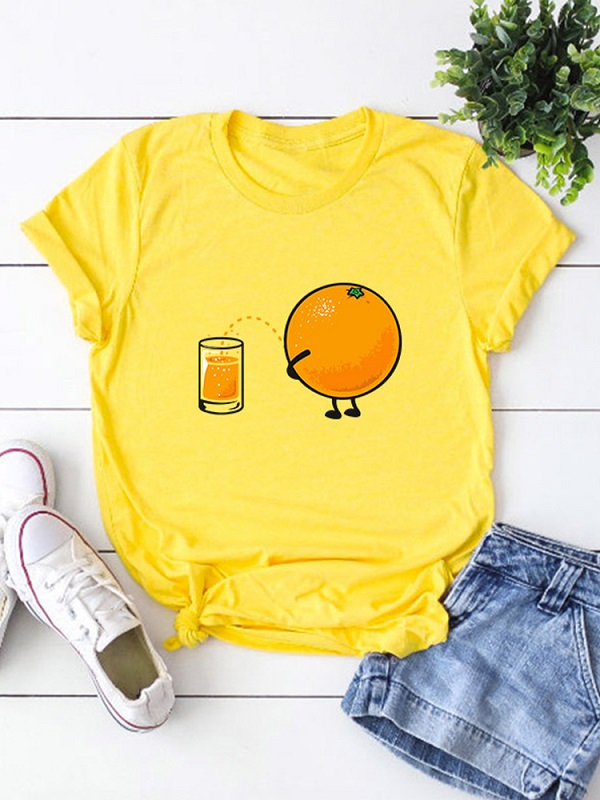 Cartoon Orange Print Short Sleeve Daily Casual T-shirt - Power Day Sale