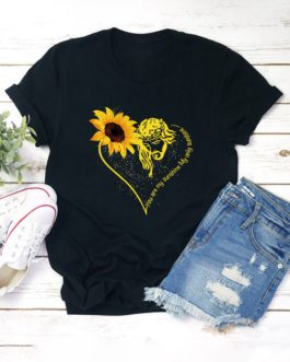 Casual Basic Sunflower Printed Short Sleeve O-neck T-Shirt