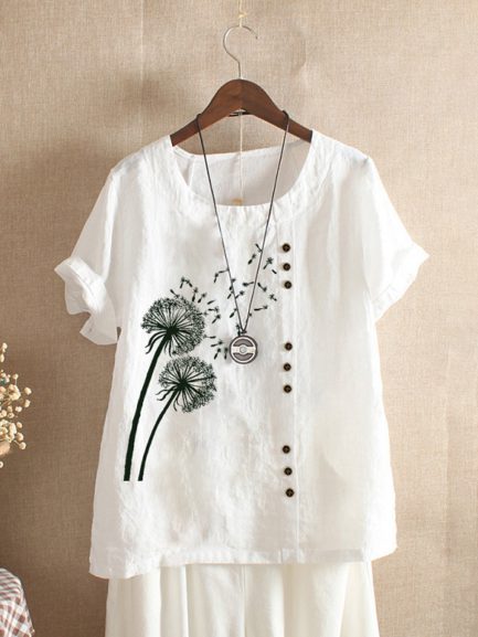 Casual Flower Printed Short Sleeve O-Neck Button Overhead T-shirt ...