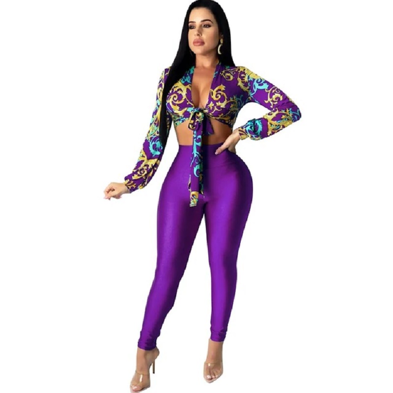 Chain Printed Long Sleeve Top And High Waist Jogger Bodycon Pant Sporty ...